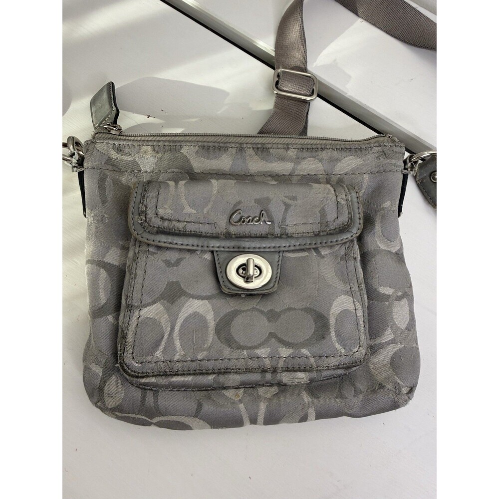 Coach Signature Gray Jacquard Crossbody Bag Silver Turnlock Pocket Purse